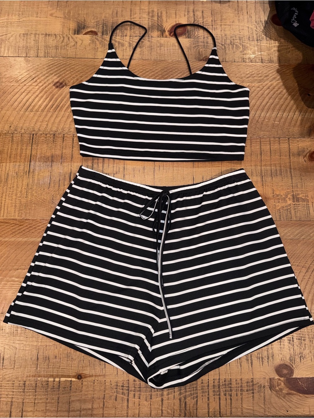 SHEIN Black and White Striped Crop Tank & Shorts Set